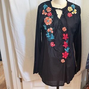 Johnny Was Black Floral Tunic Size Large